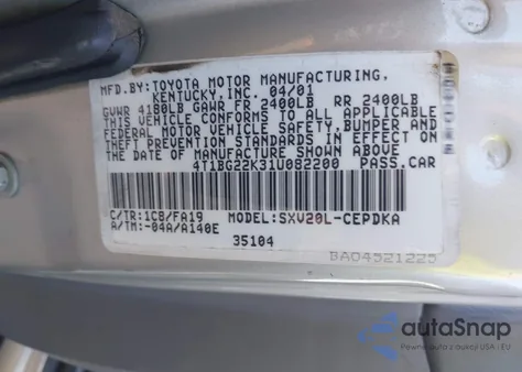 2001 Toyota Camry Ce из США, поврежденный, VIN 4T1BG22K31U082200